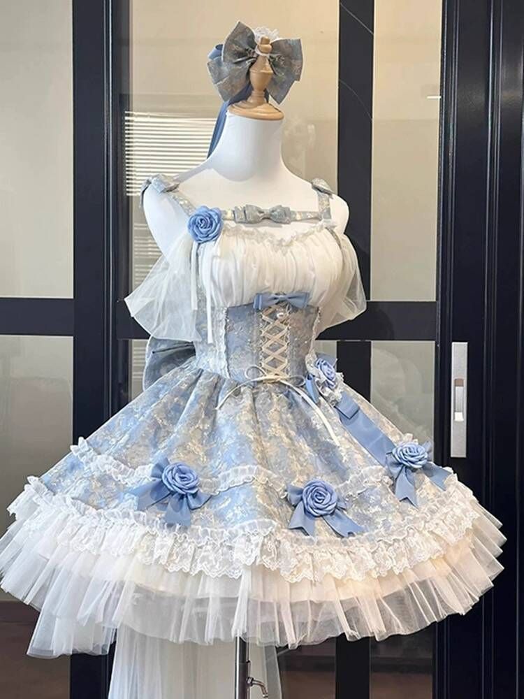 夏季 フランス風 森系プリンセスドレス ロマンチックな初恋風 フリル付きロリータドレス ショートスカート ピンク|ブルー 蝶結びデザイン