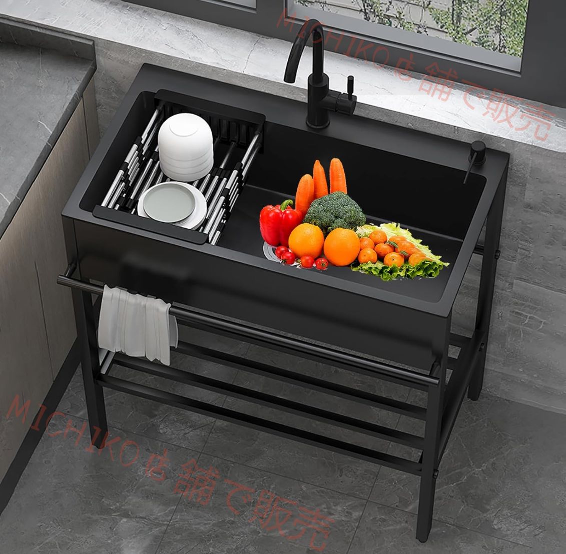 ガーデンシンク 黒流し台 置き場付き シングルシンク 屋外用ステンレス流し台 業務用流し台 キッチンステンレス製簡易排水シンク キッチン 流し台 大容量自立型シンク 屋外 屋内 ガレージ適用 簡単取付