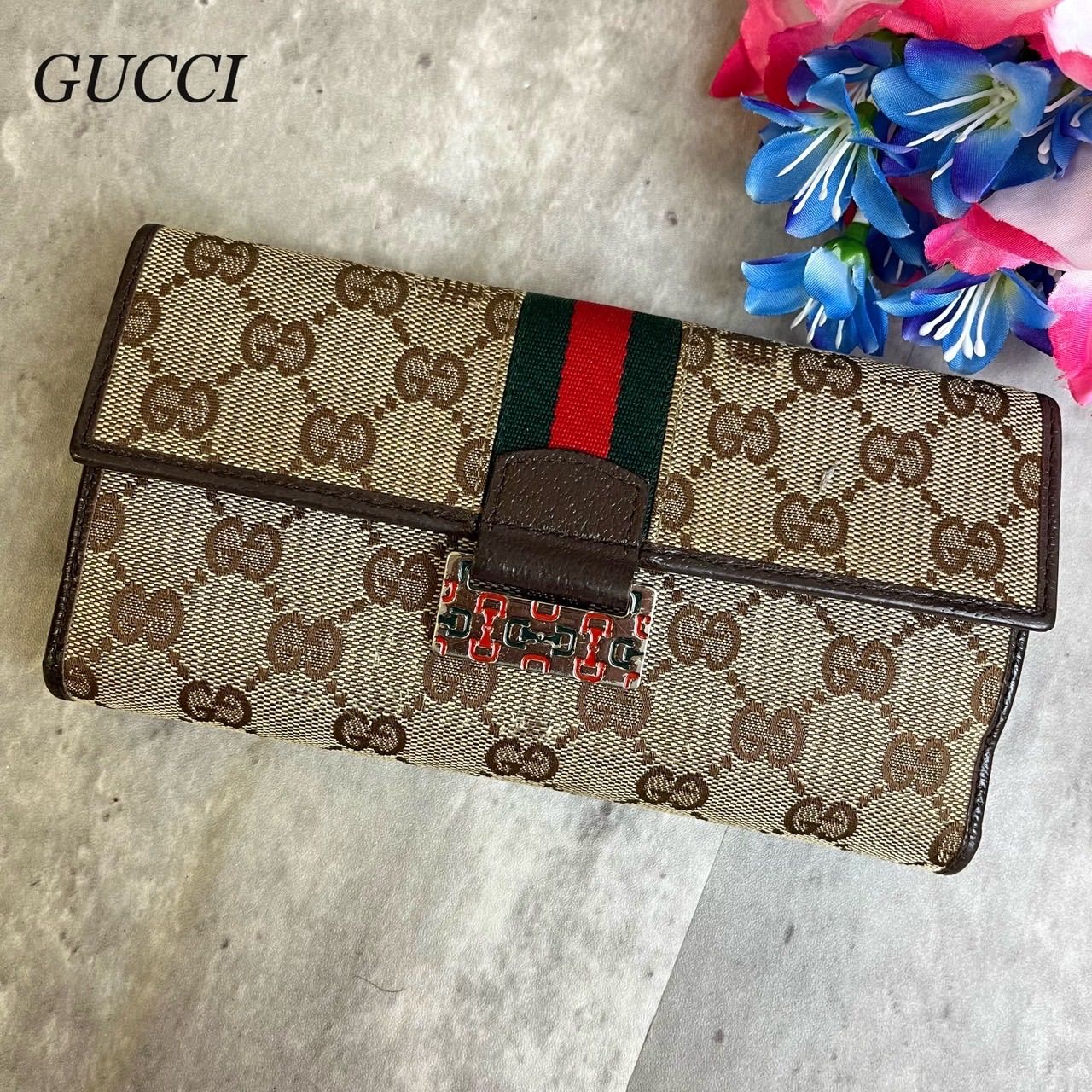 【即完売注意・良品】グッチ☆GUCCI GGキャンバス レザー 三つ折り長財布 グッチGUCCI三つ折り長財布GGロゴ柄キャンバスレザー
