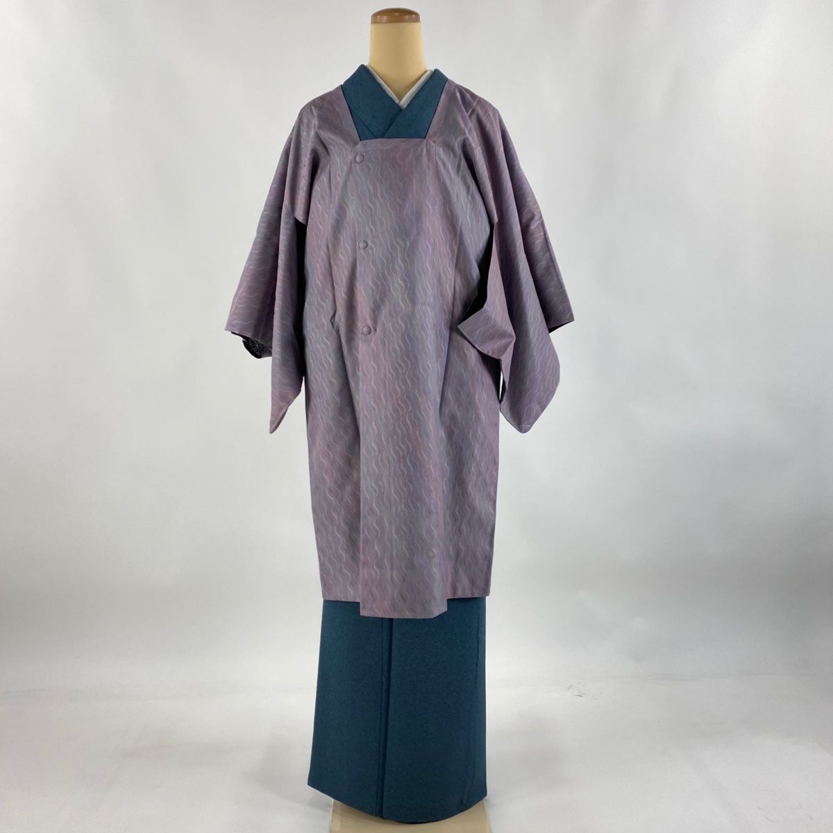 道行 身丈103.5cm 裄丈62cm S 和装コート 角衿 やまと リバーシブル よろけ縞 灰紫 正絹 名品