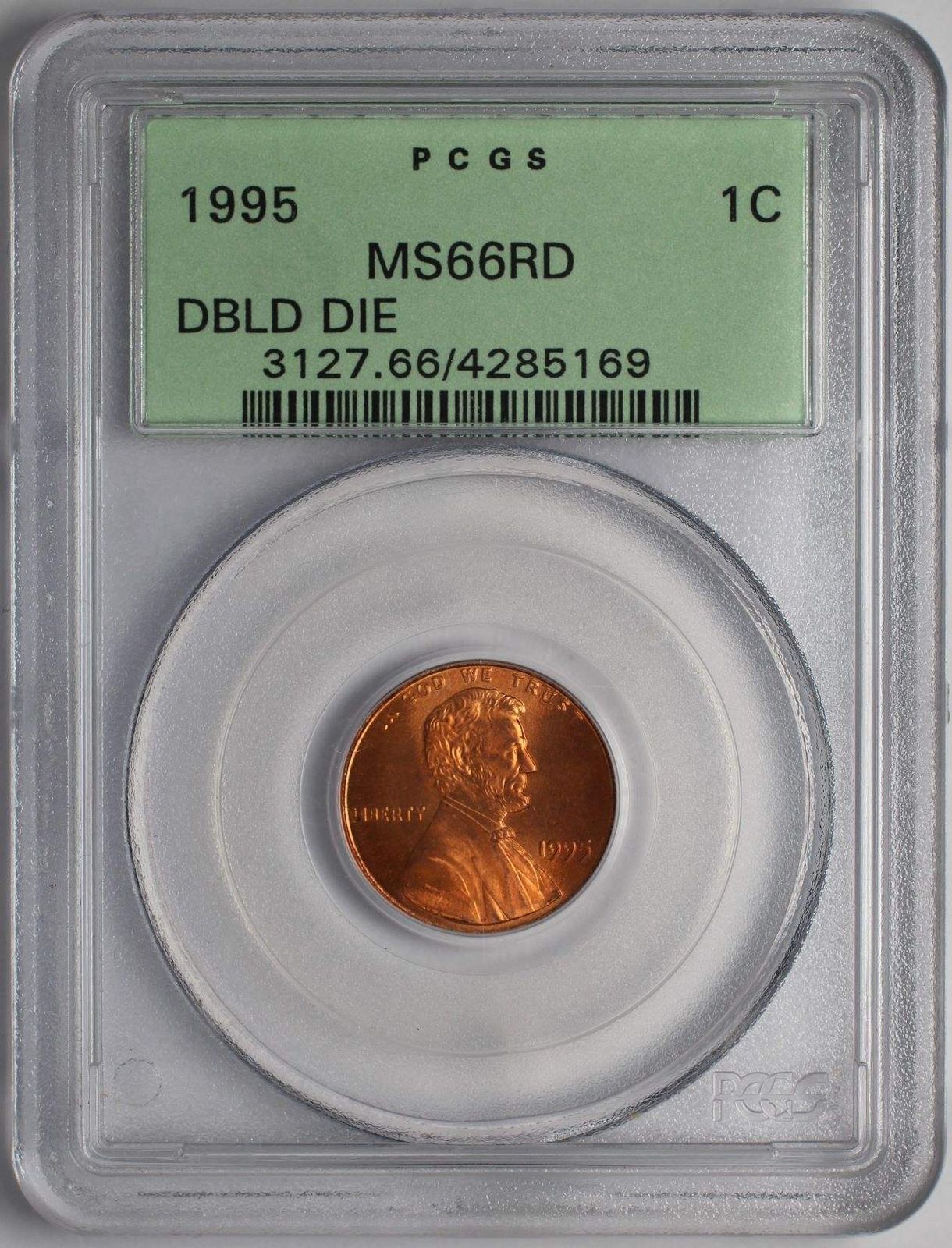 1995 Doubled Die Obverse Lincoln Cent PCGS MS66RD Old Green H er