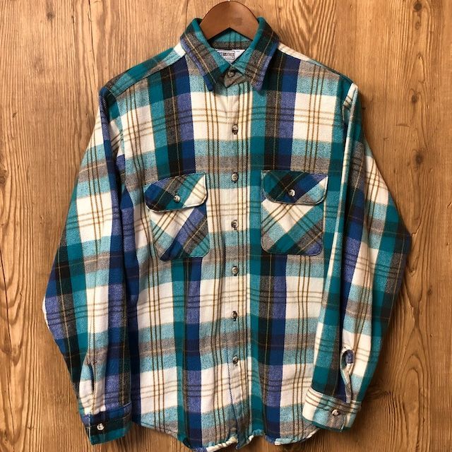 90s FIVE BROTHER ネルシャツ ブルー グリーン ブラック 長袖 FIVE BROTHER ファイブブラザー 90s 襟芯入り ビンテージ ヘヴィ