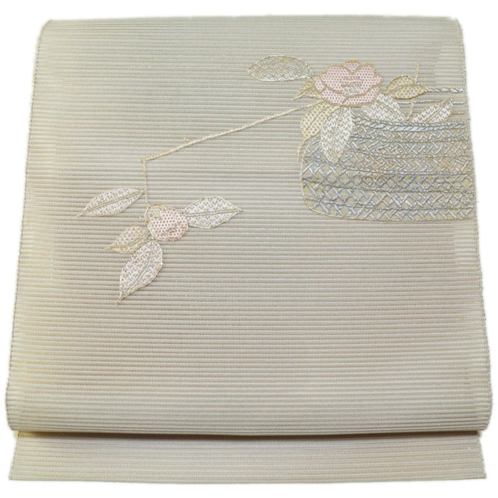 夏物 八寸名古屋帯 絽 綴れ 絽刺し刺繍 花籠模様 正絹 お太鼓柄