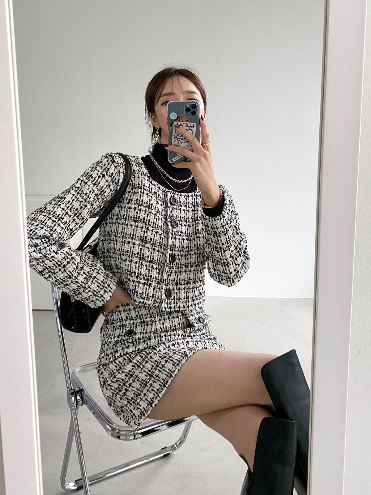 【韓国人気】長袖ツイードセット 韓国風ネイビー ツイードセットアップ | K-Style Navy Tweed Set