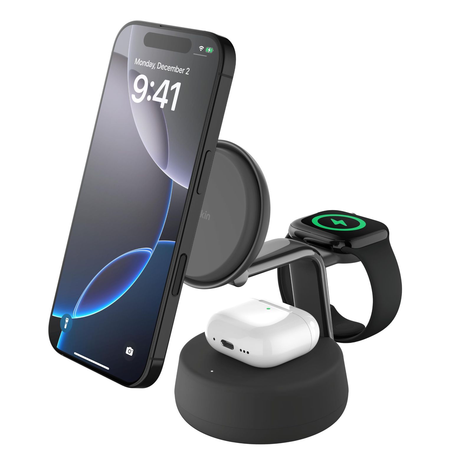 Belkin Qi2 25W ワイヤレス充電器 3 in 1 Qi2公式認証 MagSafe 急速充電 iPhone Apple Watch アップルウォッチ Google Pixel 10 Pro XL WIZ040dqCH 壁紙ダウンロード付き