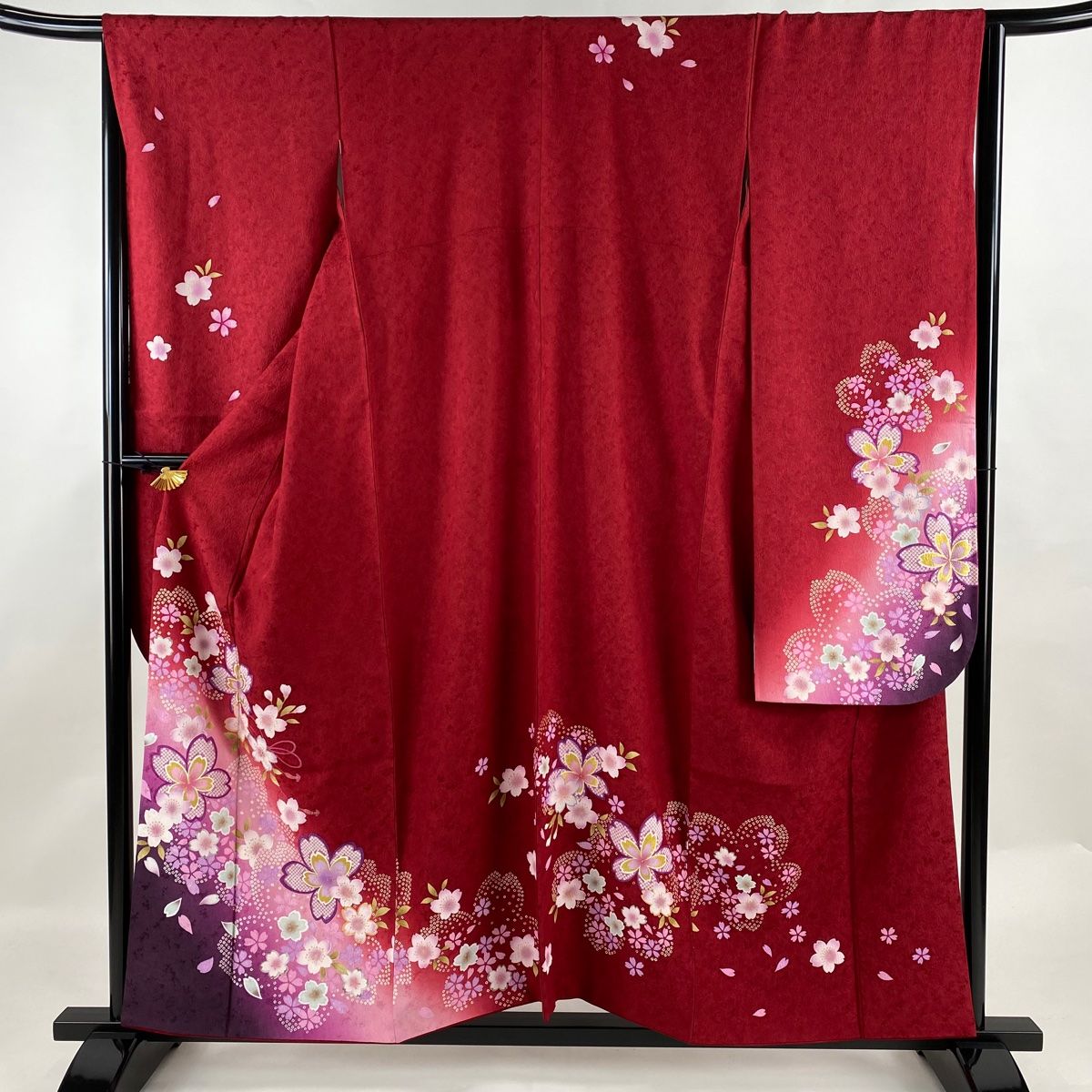 振袖 身丈155.5cm 裄丈66cm M 袷 桜 花びら 金彩 箔 赤 正絹 美品 名品  
