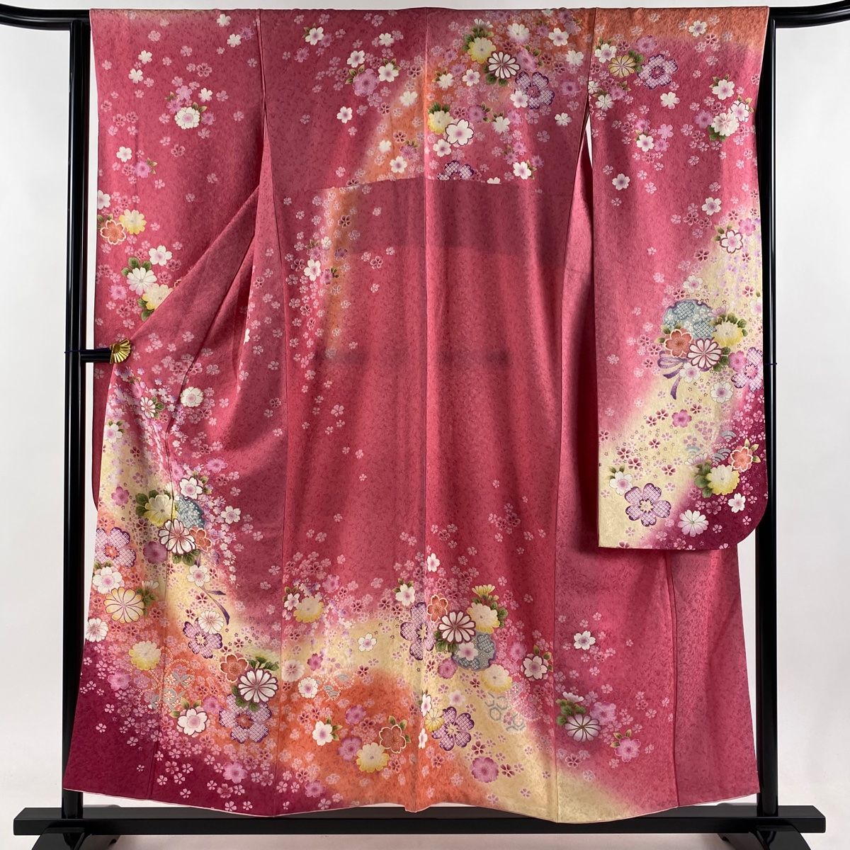 振袖 身丈154.5cm 裄丈64cm M 袷 菊 桜 刺繍 銀通し ピンク 正絹