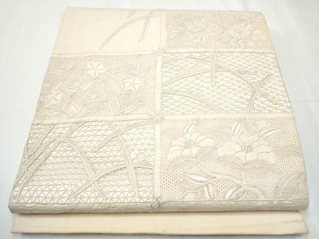 平和屋着物●中国三大刺繍　スワトウ相良刺繍　総刺繍　太鼓柄袋帯　紬地　草花文　鳥の子色　正絹　逸品　CAAY2709hy 平和屋着物○中国三大刺繍 スワトウ相良刺繍 総刺繍 太鼓柄袋帯