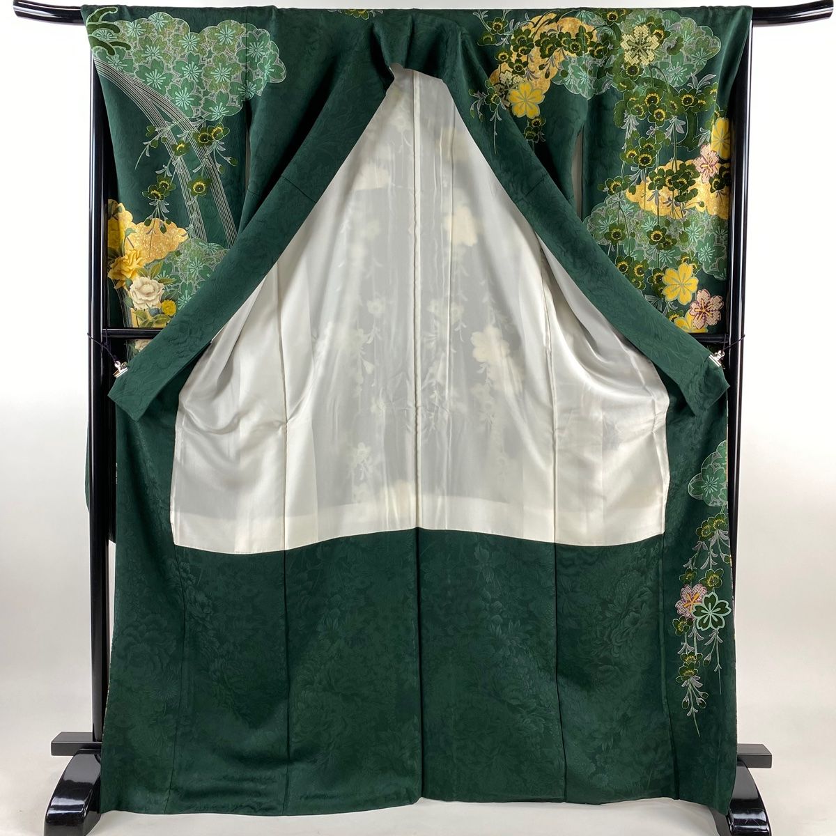 振袖 身丈171cm 裄丈68cm L 袷 花徒然 椿 菊 箔 金銀彩 深緑