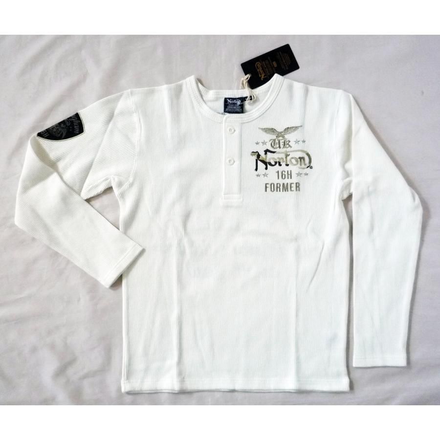 ノートン NORTON 長袖Ｔシャツ ヘンリーネック ワッフル編み  2つボタン 刺繍 Mサイズ ホワイト 白