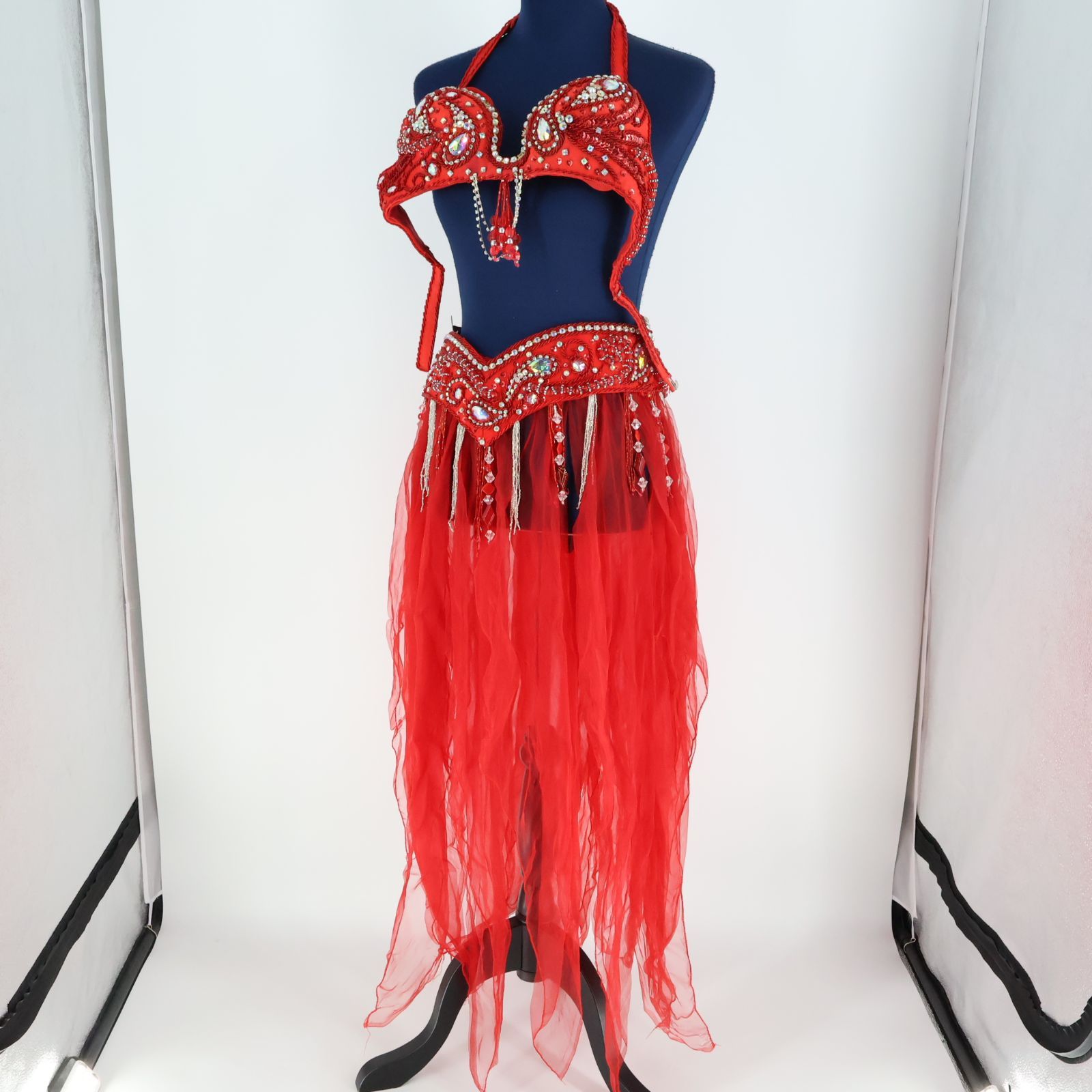 ベリーダンス用 オリエンタル衣装】レッド レース ラインストーン