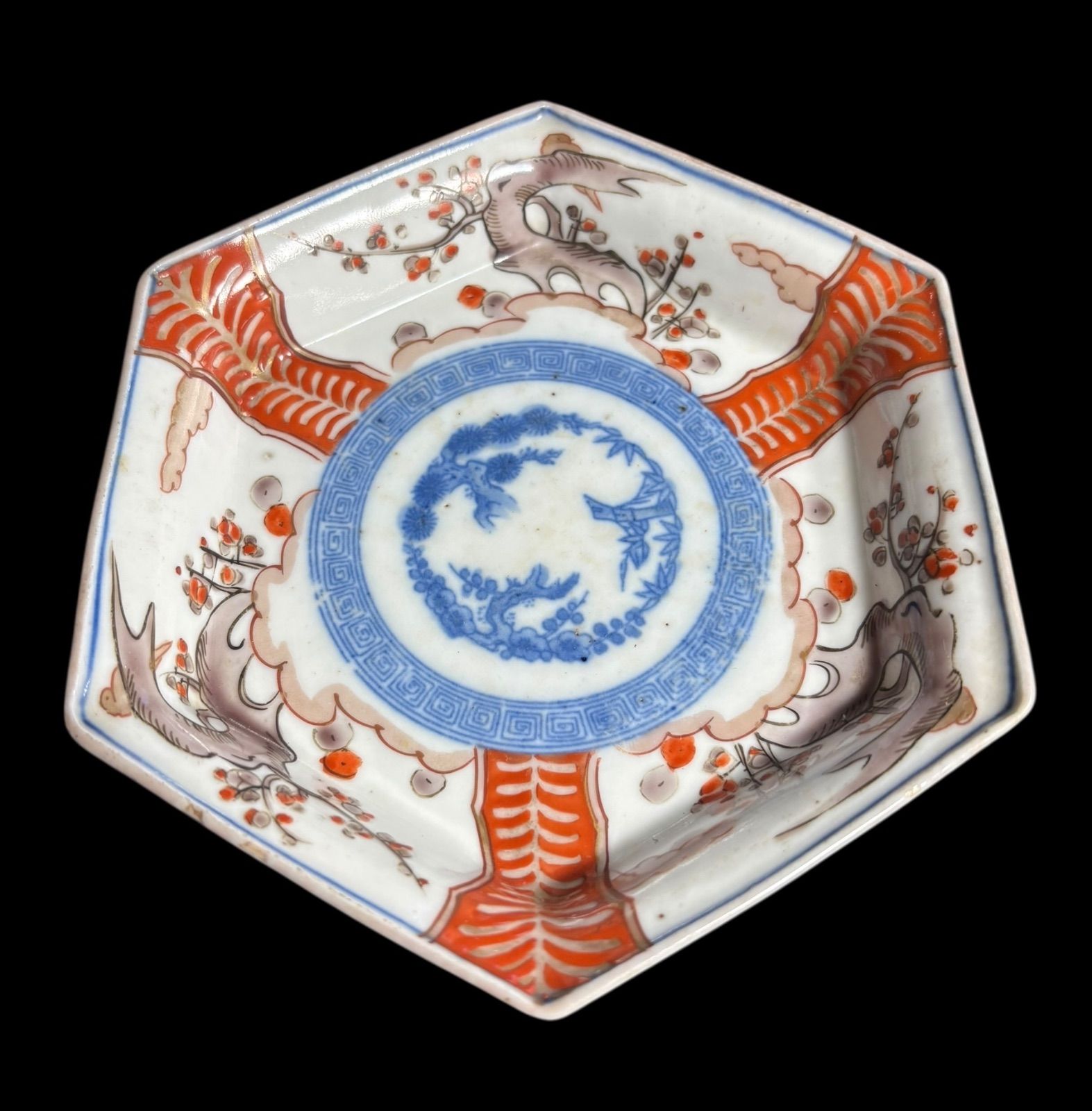 古伊万里 金彩 色絵 [窓絵松竹梅図] 六角皿 小皿 角皿 取り皿