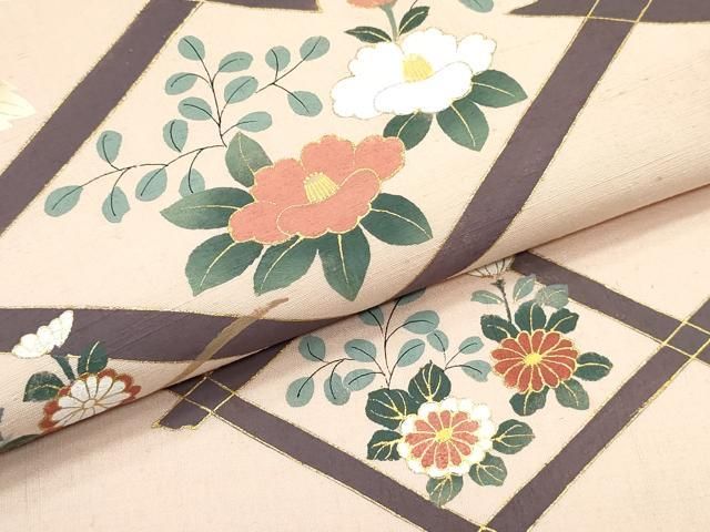 平和屋着物●九寸名古屋帯　手描き　紬地　菱繋ぎ草花文　灰桜色　金彩　正絹　逸品　DAAW6930ob 平和屋着物○九寸名古屋帯 手描き 紬地 菱繋ぎ草花文 灰