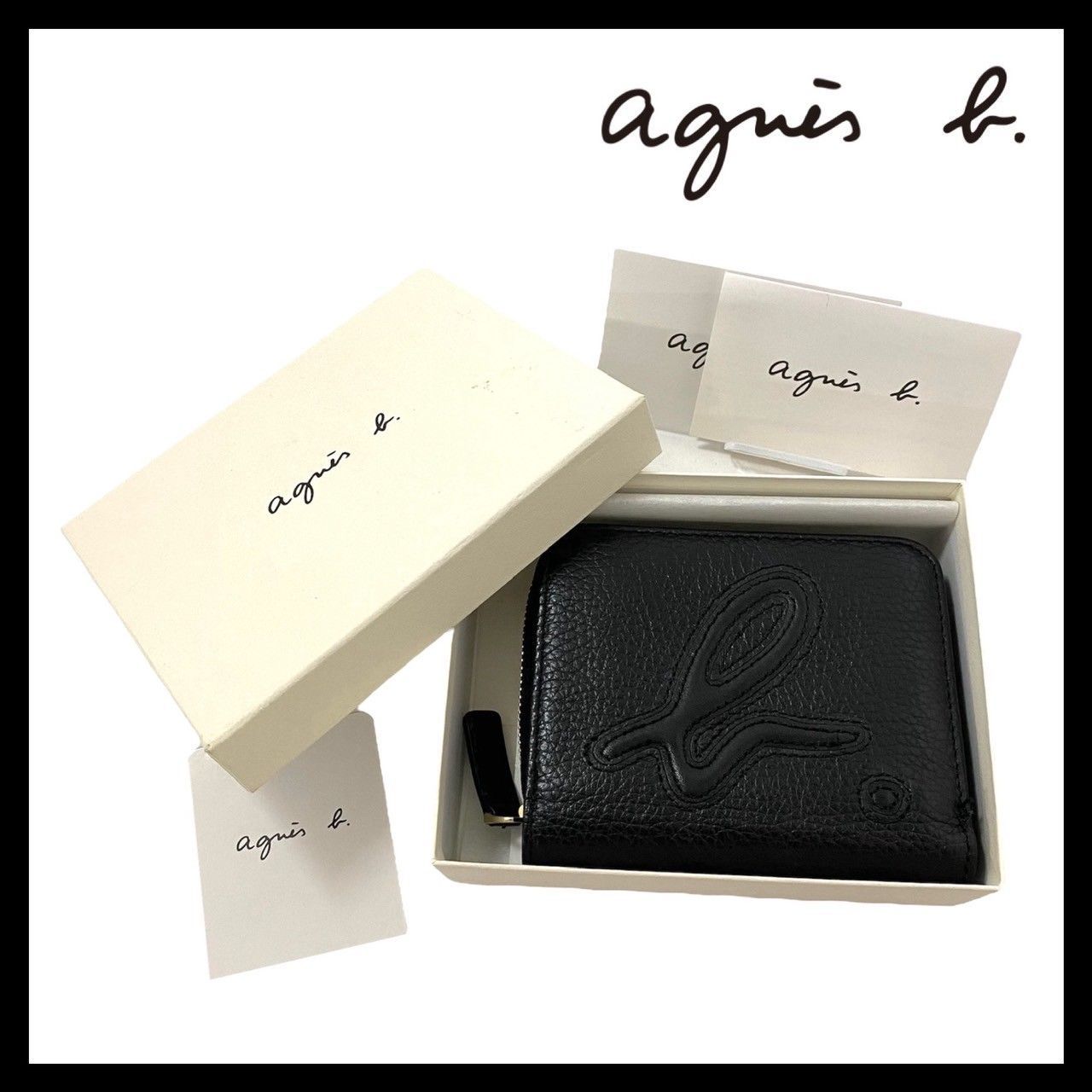 agnès b. 黒 二つ折り財布 箱付き agnes b.】二つ折り財布 レザー ブラック/黒 ロゴ WAW07-01