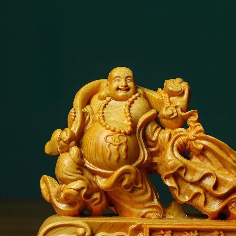 布袋様 オブジェ 置物 木製 木彫 開運 幸運 長寿 縁起物 魔除け 厄除 