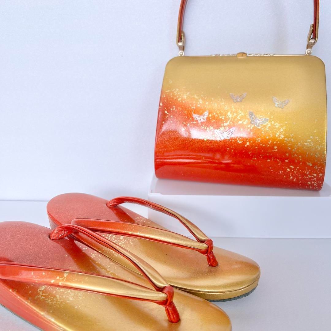 螺鈿細工 和装バッグ草履セット 金赤ぼかし蝶 桐