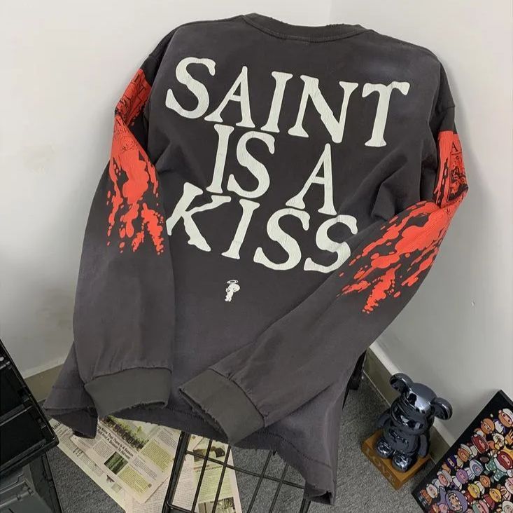 アメリカン風ヴィンテージストリートスカルスローンアルファベットプリントウォッシュ加工ビッグシルエット長袖Tシャツ メンズ K