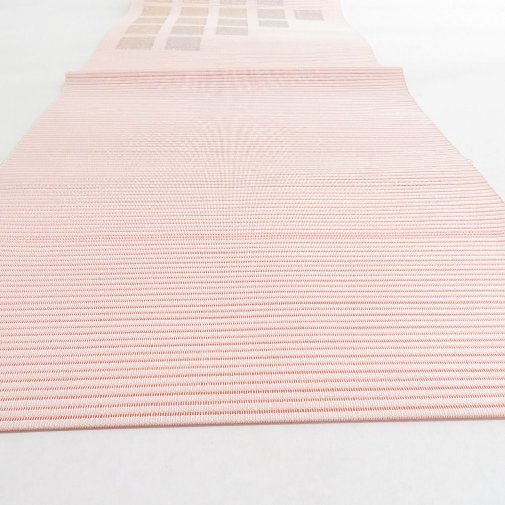 名古屋帯 絹 絽 夏用 四角文様 薄ピンク色x金色x銀色 金糸銀糸