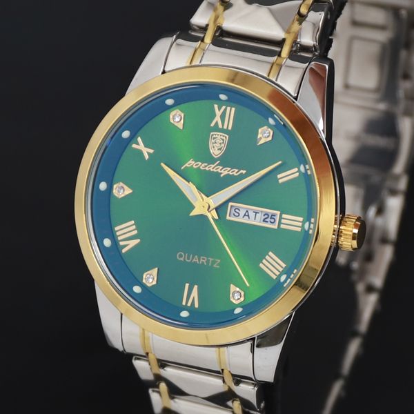 稼働 QZ 良品 Poedagar 石付 985B 緑文字盤 デイデイト