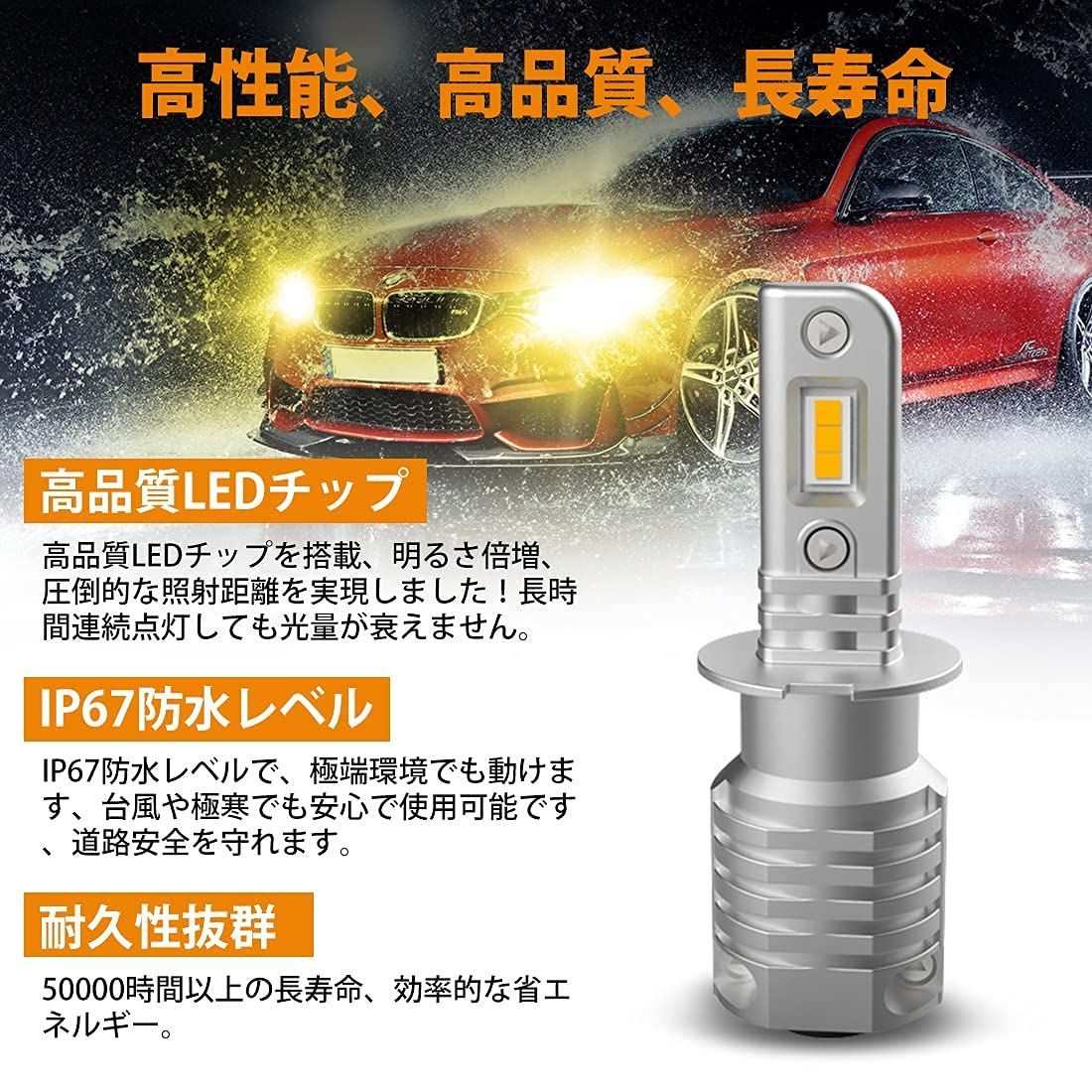 H3 自動車 ライト LED  6000K ホワイト ファンレス ノイズ防止