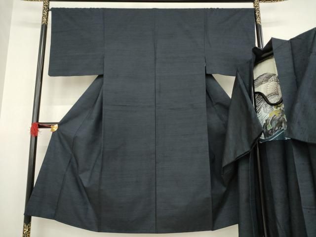 平和屋着物●男性 紬 アンサンブル 藍鉄色 正絹 AABA7998ck