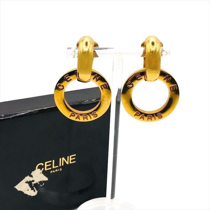 美品 CELINE セリーヌ サークル ロゴ スイング イヤリング アクセサリー ゴールド ブランド h605