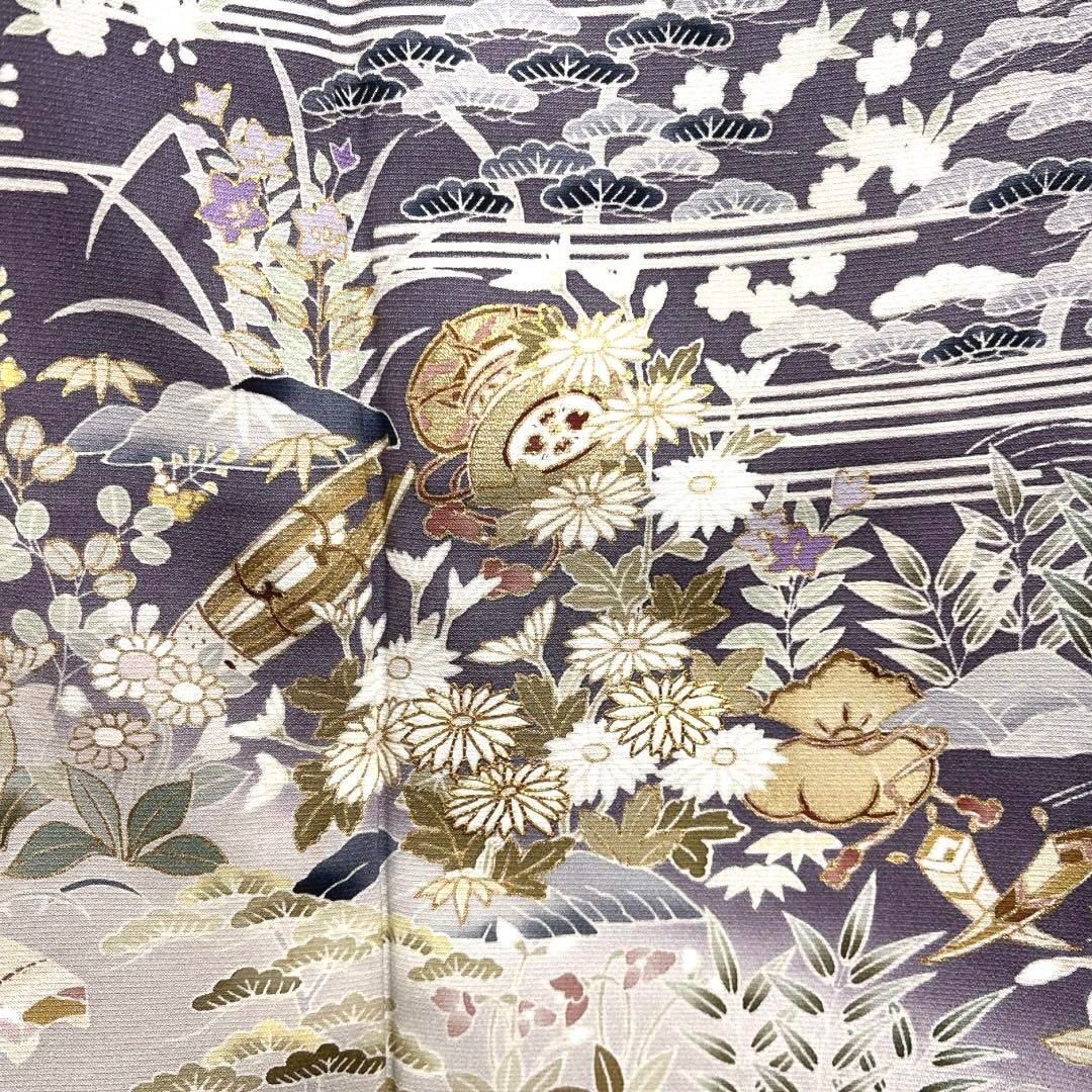 訪問着　金駒刺繍　金彩　楽器　松　竹　菊　桔梗　波　紋無し　着物　071a d 訪問着 金駒刺繍 金彩 楽器 松 竹 菊 桔梗 波 紋無し 着物 071a