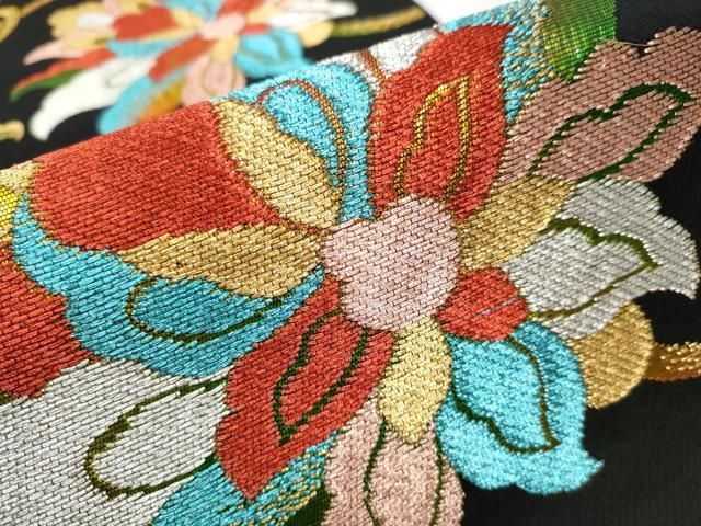 平和屋着物○六通柄 本袋帯 牡丹唐花 黒地 金銀糸 正絹 逸品