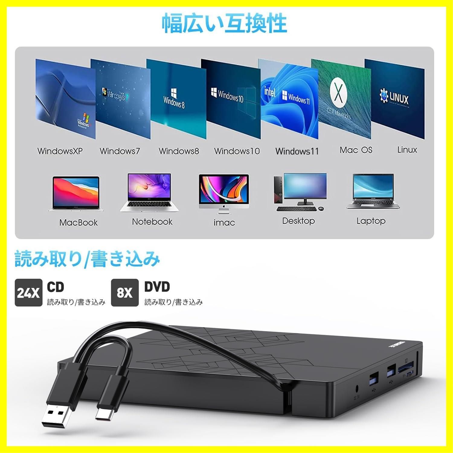 ORIGBELIE 外付け CD DVDドライブ USB3.0 HUBポータブル 光学ドライブ