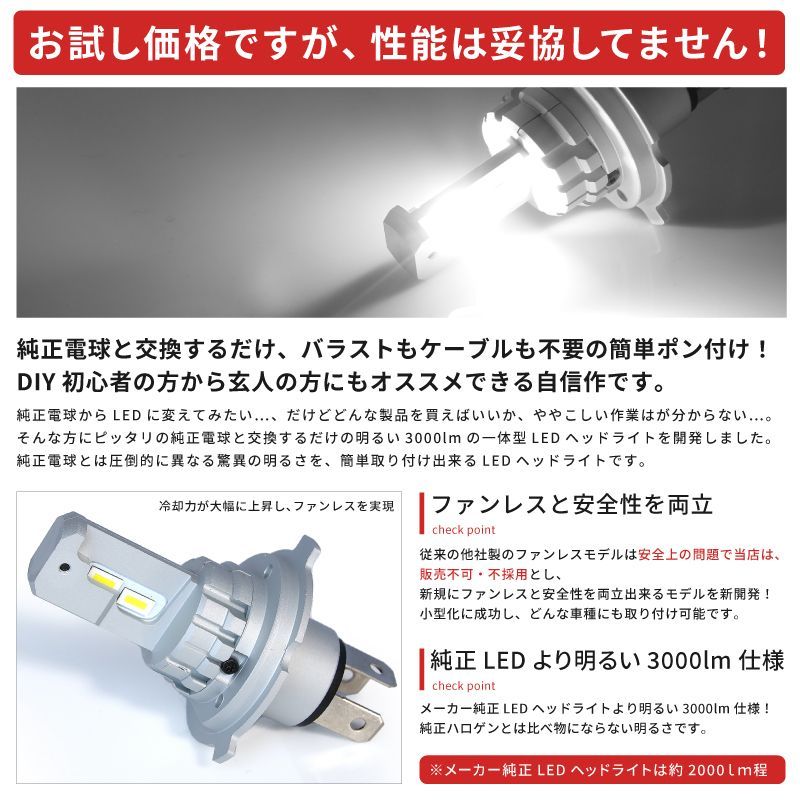 ☆車検対応 お試し価格☆ B21W デイズ LEDヘッドライト 小型 H4 Hi/Lo [H25.6～H31.2]  【簡単ポン付け】左右2個SET【純正球と交換するだけ】 LEDバルブ 純正交換 カーパーツ カスタム - メルカリ