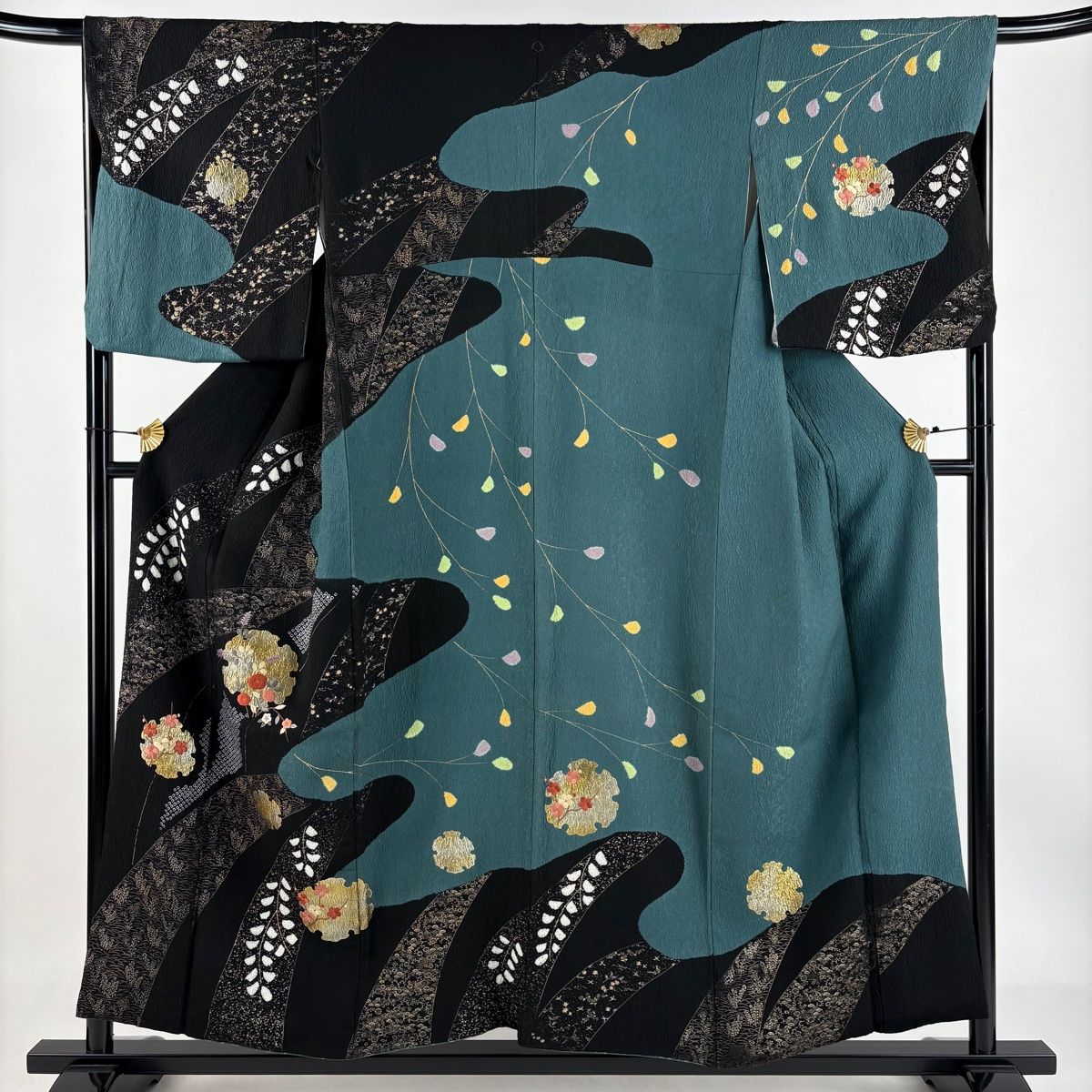 訪問着 身丈155cm 裄丈66cm M 袷 雪輪 草花 刺繍 絞り 黒 正絹 名品 一つ紋