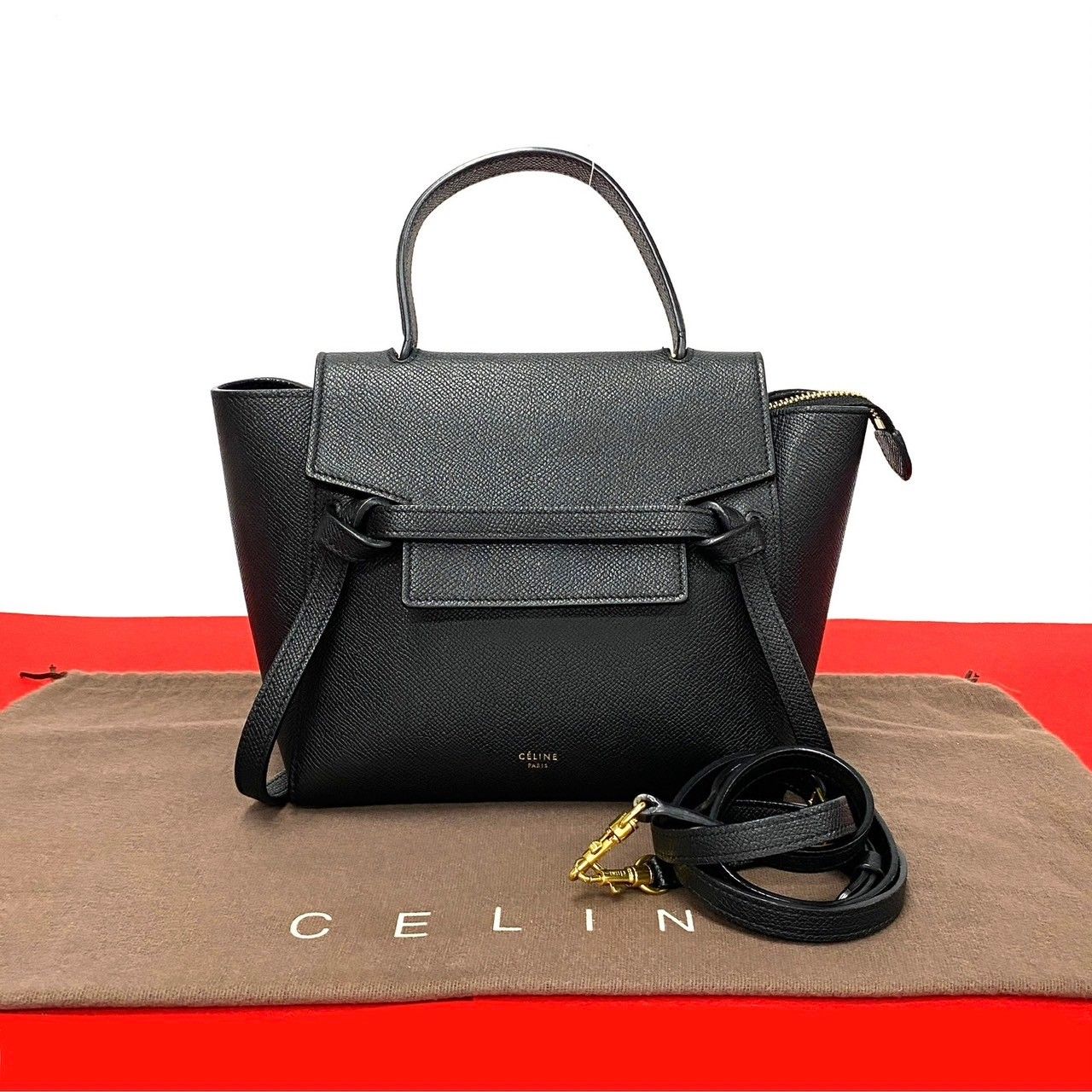 極 美品 希少品 CELINE セリーヌ ベルトバッグ ナノ レザー 本革 2way ミニ ハンドバッグ ショルダーバッグ ポシェット ブラック  81763 - メルカリ