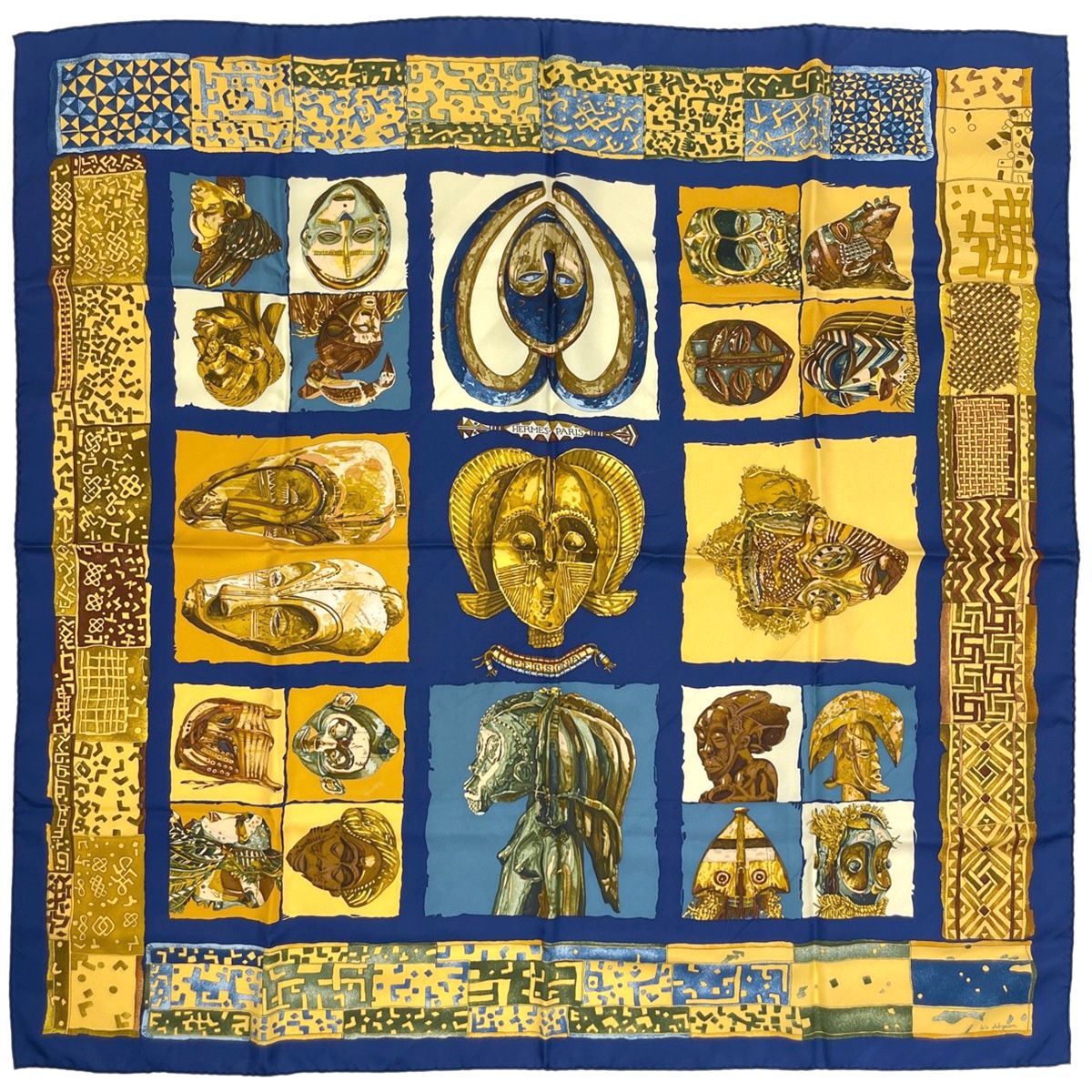 エルメス HERMES カレ 90 PERSONA 仮面 スカーフ シルク シルク 100％ ブルー マルチ レディース