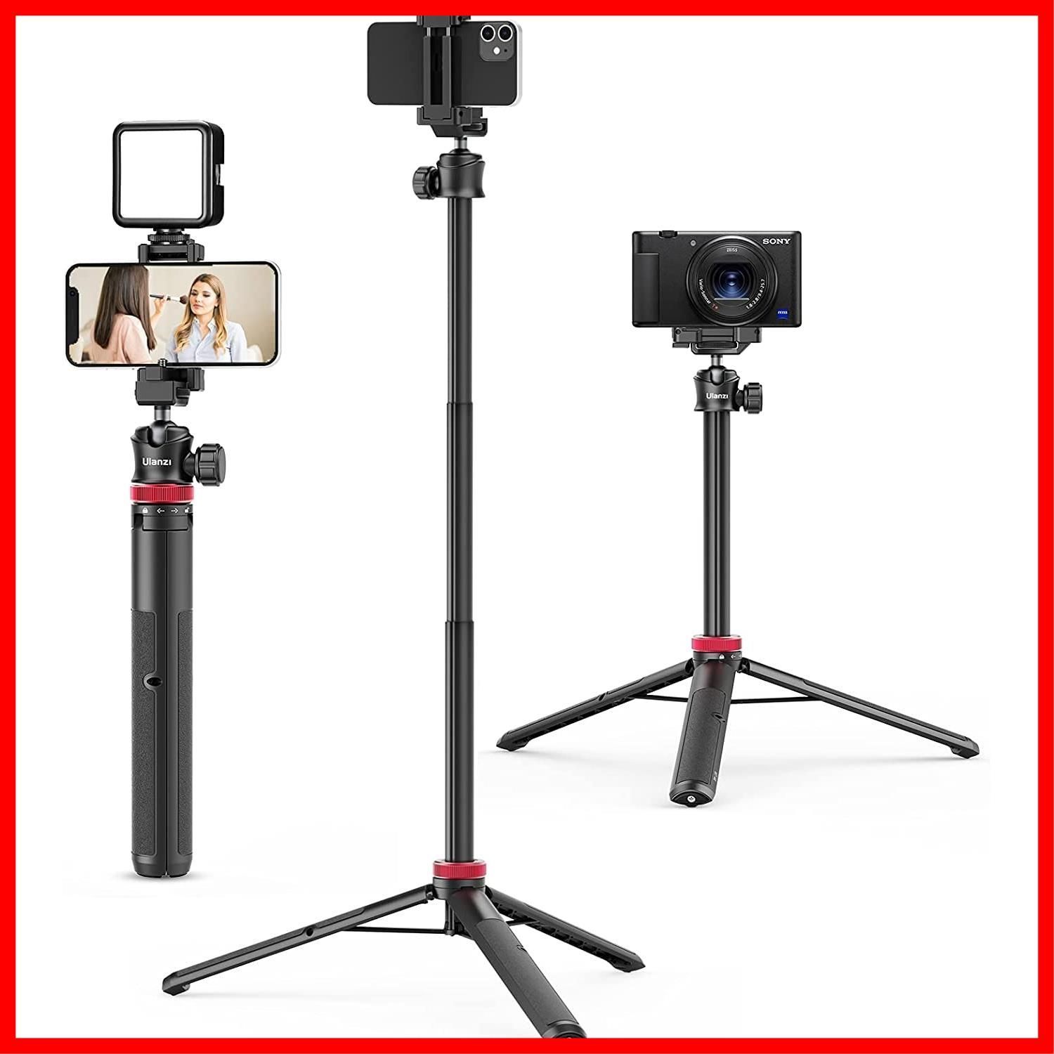 軽量 360度回転 ボール雲台 vlogセルカ棒 6段伸縮 32cm-147cm 折りたたみ 2in1スマホクリップデザイン 自撮り棒 ビデオカメラ 持ち運び便利 147cm カメラ三脚 コールドシュー付き スマホ三脚 三脚 iPh