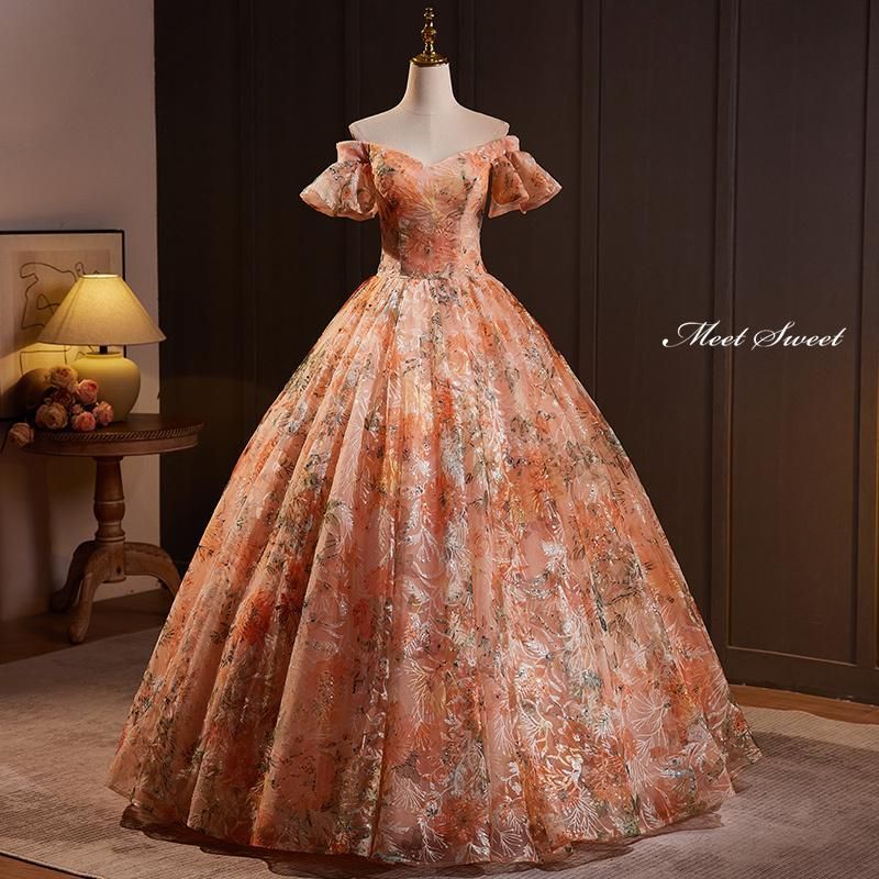 ドレス プリンセスライン ロングドレス オレンジ 花柄 オフショルダー ウェディングドレス 結婚式 二次会 花嫁 前撮り 演奏会 発表会