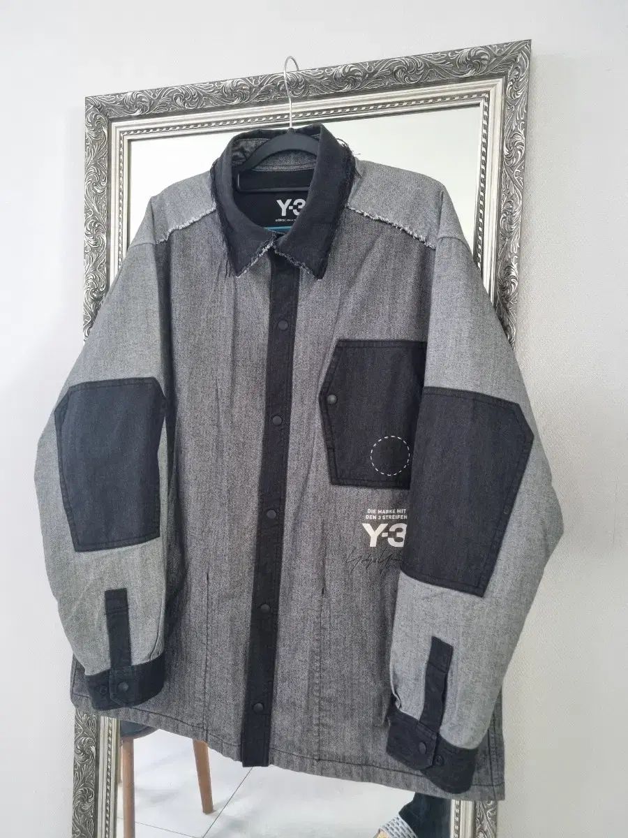 75万程度 Y-3 ヘリンボーン デニム パッチワーク オーバ シャツ ジャケット L