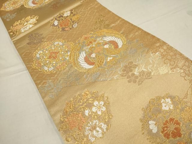 平和屋着物▽六通柄袋帯 金朱子織 花鳥唐草丸文 金銀糸 正絹