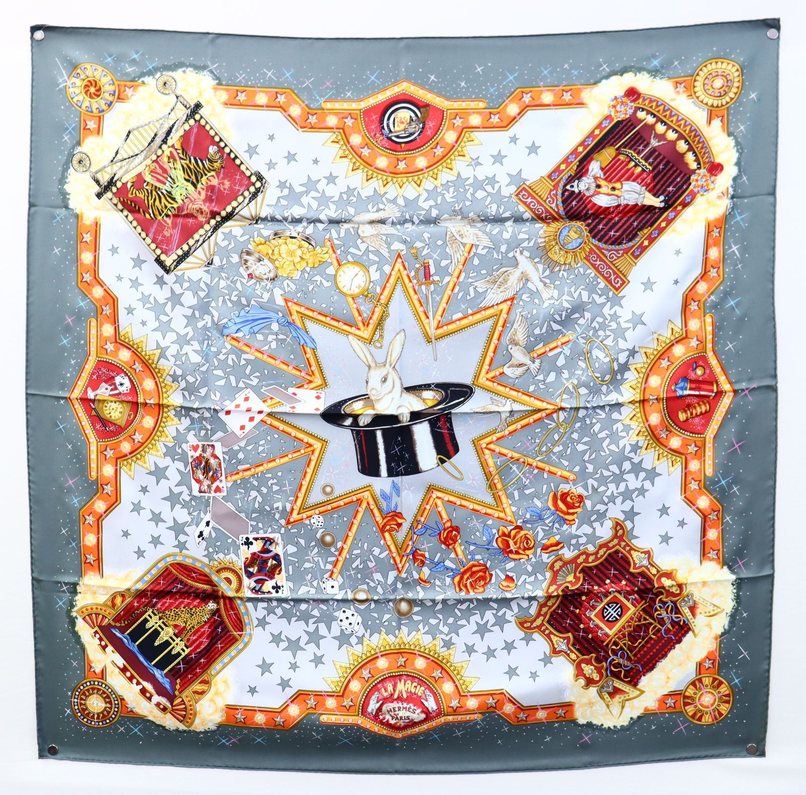 美品 HERMES エルメス カレ90 LA MAGIE マジック グレー シルク