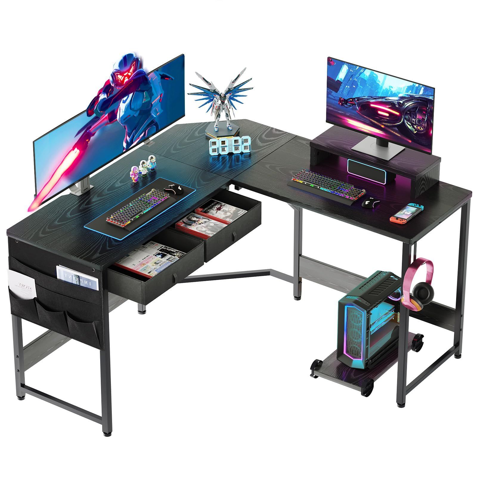 新着商品 作業机 desk computer pcデスク収納袋付き学習机 gaming ゲーミングテーブル 125cm desk 125cm x l字デスク 引き出し付きデスク 机 パソコンデスク 黑い ゲーミングデスク YeTom