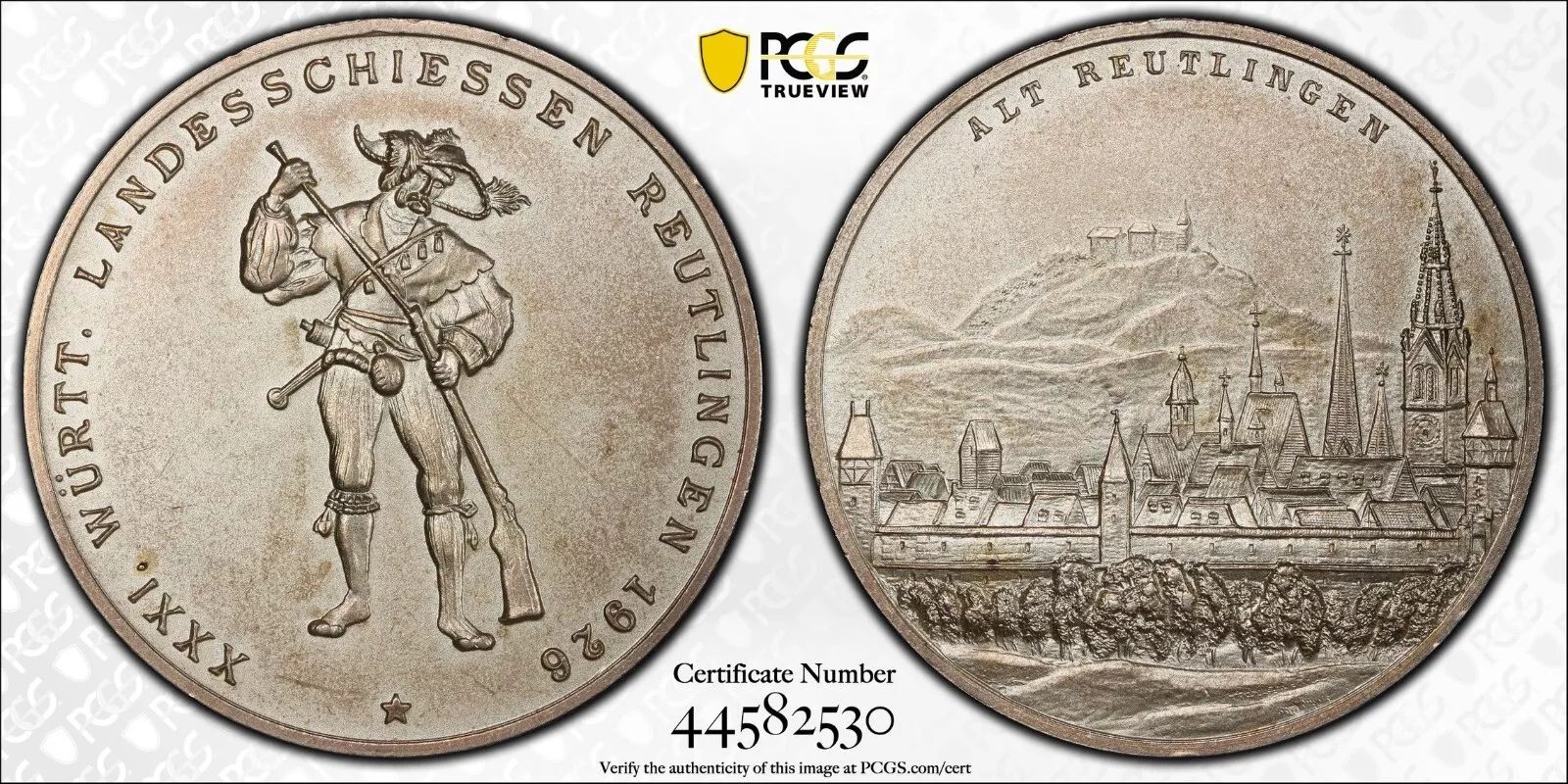 PCGS Reutlingen SP 64 1926 Shooting Medal Silver City View Hunter Top Pop Rar