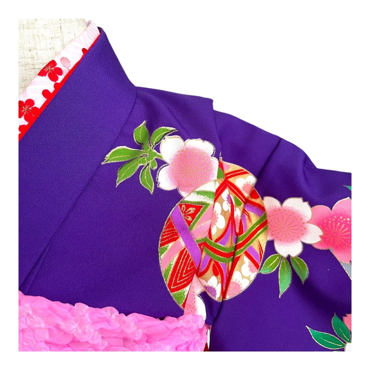 レトロ 七五三 正絹 7歳用 着物 襦袢付 紫 鼓