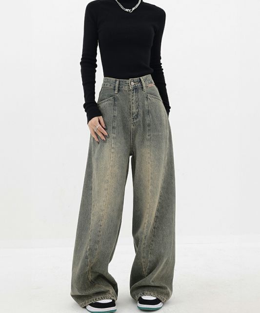 ヴィンテージ風ワイドデニムパンツ (T) ヴィンテージ風ワイドデニム