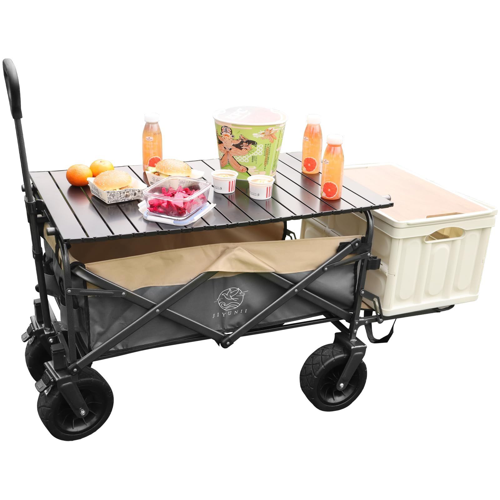 引っ越し キャンプ用品 運動会 ボトルポケット付き 釣り 大型タイヤ コンパクト アウトドアキャリー 大容量 荷物運び 耐荷重120kg 長物対応 キャリーカート 後部展開可 折りたたみ式 アウトドアワゴン テーブル付き キャンプワゴン キャリーワゴン