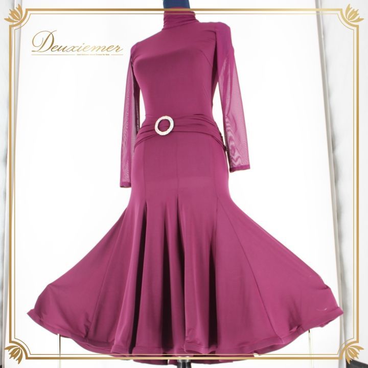 社交ダンス 衣装 スタンダード ドレス ワンピース レッスンウェア レディース オールシーズン パープル系 紫 ラインストーン 長袖 シンプル 無地 ディープパープル スタイルアップ ウエストマーク フィット感 伸縮性 レディースファッション ウェア オシャレ