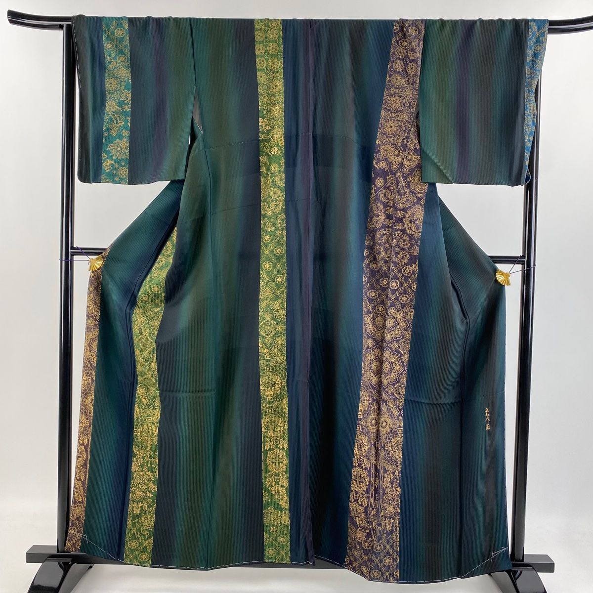 小紋 身丈158cm 裄丈68cm L 袷 前田仁仙 落款 連珠文 華文 金彩 深緑  