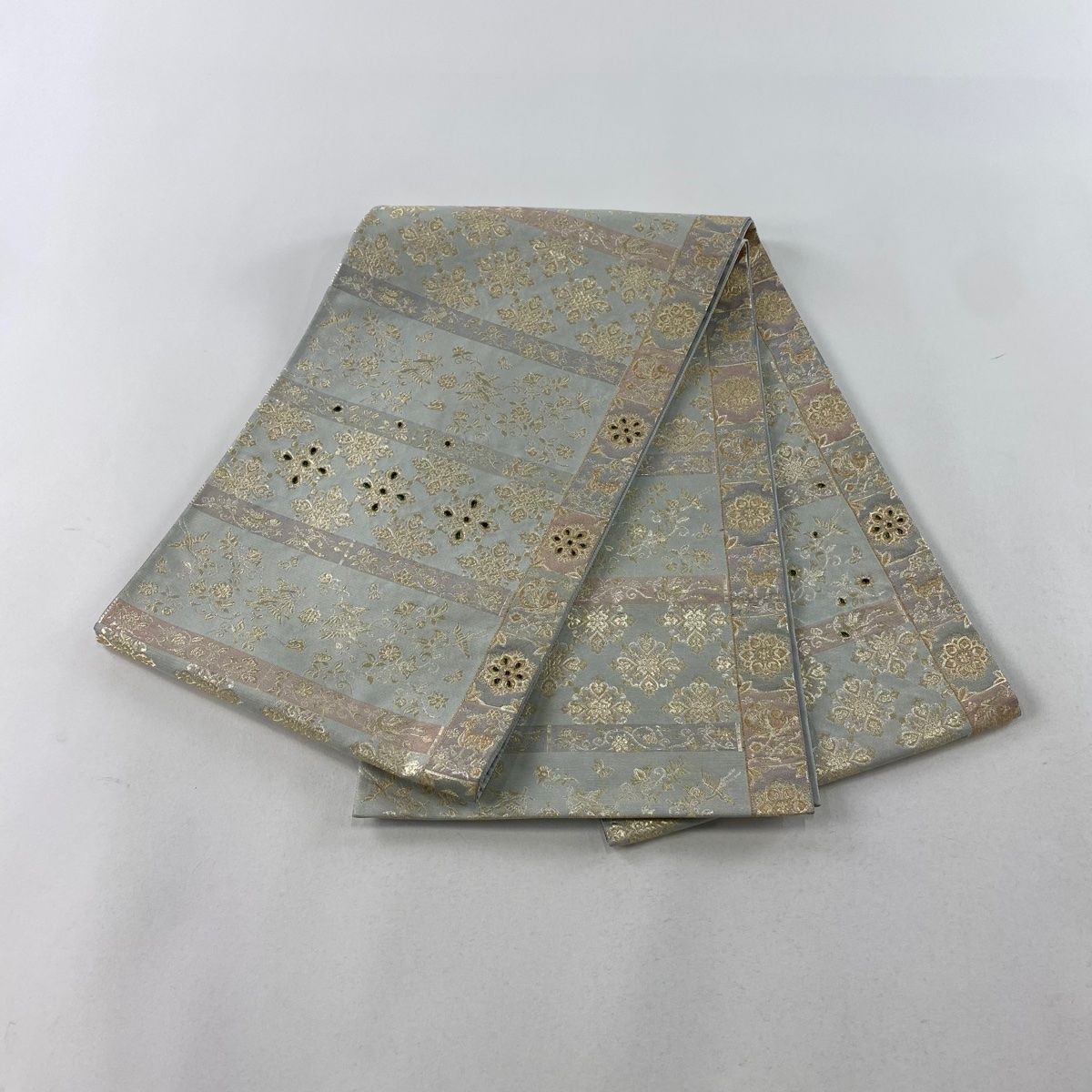 袋帯 美品 逸品 華文 花鳥 金糸 箔 水色 お太鼓柄 正絹 【中古