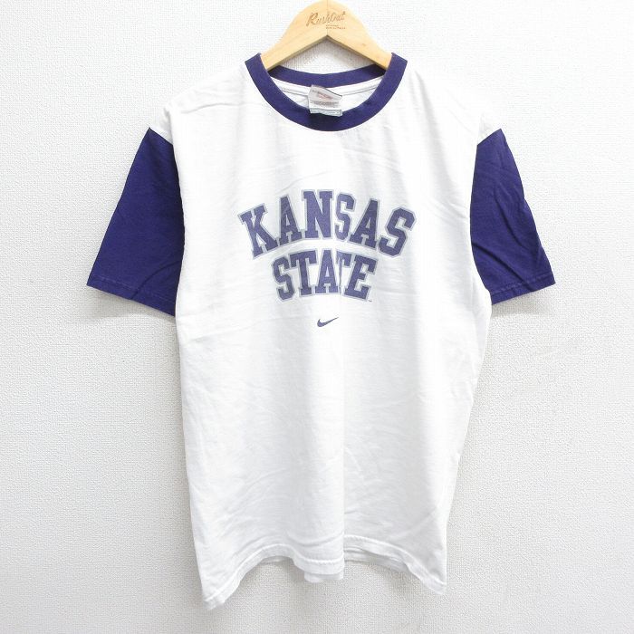L/古着 ナイキ NIKE 半袖 ビンテージ Tシャツ メンズ 00s ワンポイントロゴ カンザス ツートンカラー コットン クルーネック 白他 ホワイト
