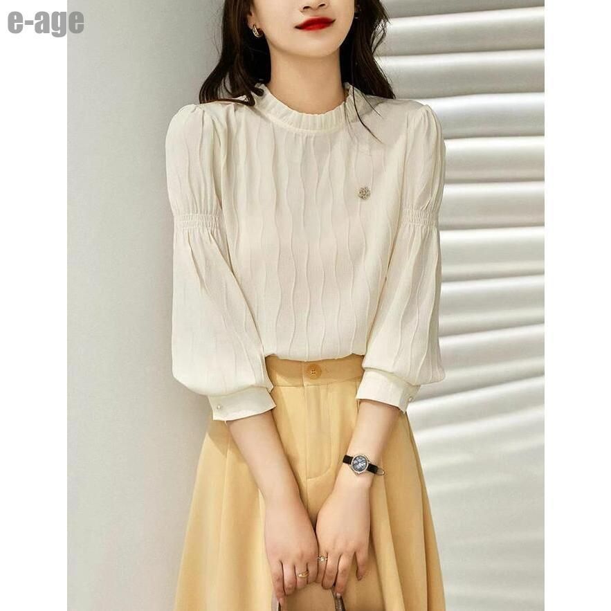 ブラウス 立ち襟 フリル レディース 長袖 シャツ 無地 白 襟フリル トップス シフォン シャツブラウス 薄手 春 夏 秋