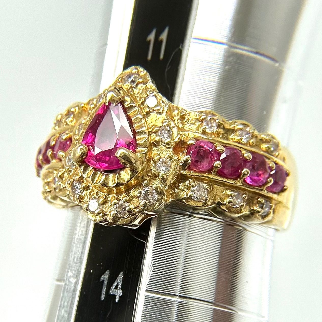 K18YG 750 ルビー 0.8ct ダイヤモンド 0.15ct ペアシェイプ リング 