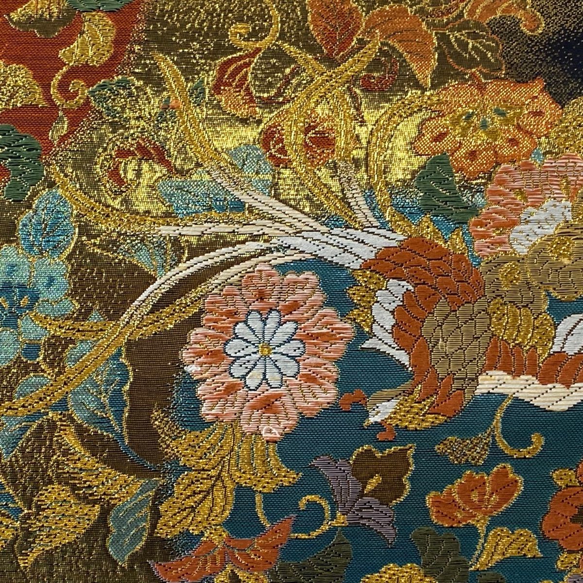 袋帯 秀品 鳳凰 格天井 金糸 箔 オレンジ 六通 正絹 【中古
